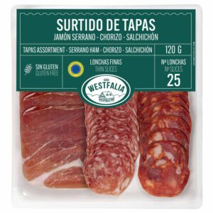 SURTIDO TAPAS: Jamón, Chorizo, Salchichón. Bandeja gas 120 g